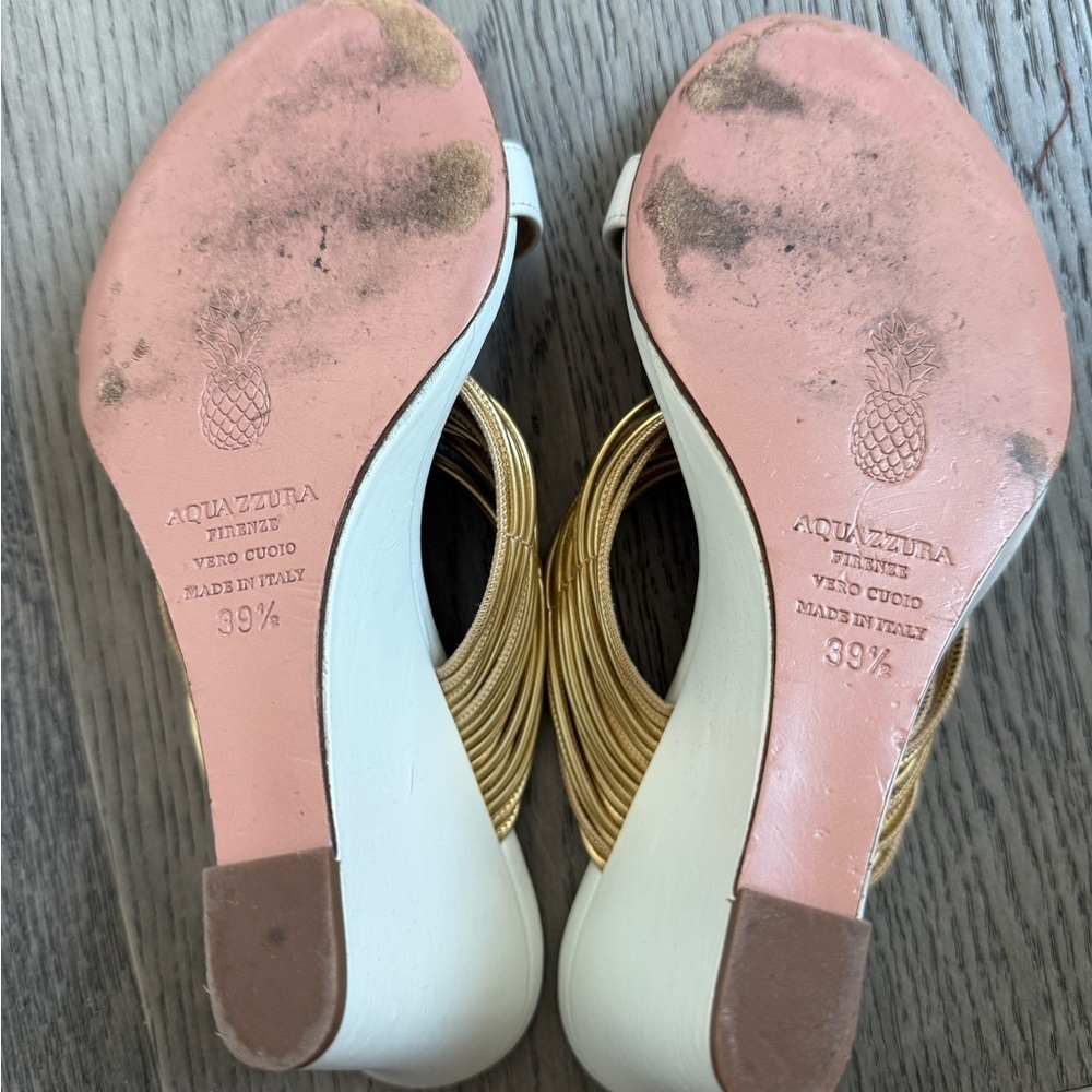Aquazzura Italy Rendez Vous White and Gold Banded Wedge Sandals - Picture 8 of 9